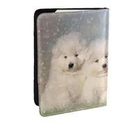 Wykjtwo Chiots Samoyèdes Chiens Blancs Famille Petit Samoyède, Porte-Passeport Portefeuille de Voyage en Cuir PU Étui pour Passeport Couvre-Passeport 6,5 po
