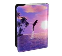 Wykjtwo Dauphins au Coucher du Soleil, Porte-Passeport Portefeuille de Voyage en Cuir PU Étui pour Passeport Couvre-Passeport 6,5 po