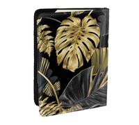 Wykjtwo Feuilles Tropicales Noires dorées, Porte-Passeport Portefeuille de Voyage en Cuir PU Étui pour Passeport Couvre-Passeport 6,5 po
