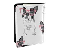 Wykjtwo Frenchie Noir Dessin Animé Bouledogue Français Lunettes Roses Chien Blanc, Porte-Passeport Portefeuille de Voyage en Cuir PU Étui pour Passeport Couvre-Passeport 6,5 po