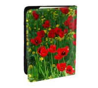 Wykjtwo Impression de Paysage de Prairie de Ferme de Champ de Coquelicot Rouge, Porte-Passeport Portefeuille de Voyage en Cuir PU Étui pour Passeport Couvre-Passeport 6,5 po