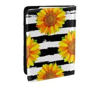 Wykjtwo Tournesols sur Fond de Rayures Noires et Blanches, Porte-Passeport Portefeuille de Voyage en Cuir PU Étui pour Passeport Couvre-Passeport 6,5 po