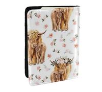 Wykjtwo Vache écossaise Florale Rose printanière des Highlands, Porte-Passeport Portefeuille de Voyage en Cuir PU Étui pour Passeport Couvre-Passeport 6,5 po