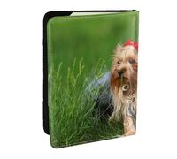 Wykjtwo Yorkshire Terrier Pelouse Chiens Mignons Ummer Arc Rouge, Porte-Passeport Portefeuille de Voyage en Cuir PU Étui pour Passeport Couvre-Passeport 6,5 po