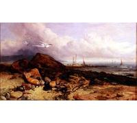 WYKUJMYTO De Célèbres Tableaux Abstrait Peinture Peinture Murale Nordique Scène de rivage avec bateau de pêche et sternes par Charles Napier Hemy Pour la Décoration de la Chambre 60x90cm