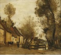 WYKUJMYTO Tableaux Célèbres Art Impression Toile Murale Tableau Rue Flesselles avec paysanne et vache Flesselles par Jean Baptiste Camille Corot Affiche de Art Pour un Usage Bureautique 60x90cm