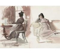 WYKUJMYTO Vintage Impressions sur Toile Art Murale Classique Art Imprimé Image Études d'une jeune femme en robe rose assise à son bureau par Daniel Maclise Pour la Décoration du Salon 60x90cm