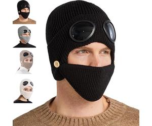 WYLFYJP Bonnet Unisexe 3 en 1 Maille avec Lunettes intégrées, Chapeau aviateur Chaud et Tendance for l'hiver Les Sports de Plein air, Masque Cache-Oreilles(Black)