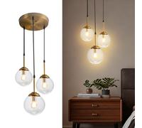 Wylolik Moderne 3 Lumières Suspension Luminaire Verre, Transparent Boule de Verre Lampe Suspension Cluster, Réglable en Hauteur Lustre en Laiton Pour Salle à Manger, Chambre à Coucher, Salon, Cuisine