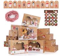 Wyngee 12 Boîtes à Biscuits Noël Fenêtre Transparente Kraft Cadeau | Boîte Emballage Cupcakes Cordes+Étiquettes à Gâteaux Chocolats Bonbons Résistant Huile Antiadhérent Nouvel An Fêtes