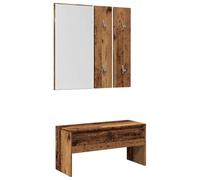 Wynira Ensemble de garde-robe aspect bois vieilli avec banc de couloir, miroir, 2 armoires, banc de 80 x 30,5 x 40 cm, espace de rangement, banc à chaussures, banc rembourré avec tiroir pour couloir