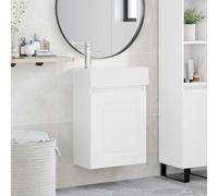 Wynira Meuble sous lavabo de salle de bain avec robinet blanc, 45,5 x 22,5 x 84 cm, montage mural avec espace de rangement, porte réversible, lavabo en céramique, peu encombrant et fonctionnel pour