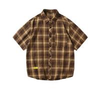 Wyongtao Chemise Traditionnelle à Revers Grandes Tailles à Carreaux pour Homme Été,T-Shirts à Manches Courtes avec Poche pour Décontractée,Chemise Vintage Pied-de-Poule Épissure Bouton Confortable