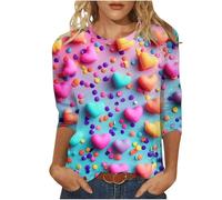 Wyongtao T-Shirt Saint Valentin pour Femme Grandes Tailles Blouse Femme Chic Et Élégant Chemises Amour Romantique T-Shirt Manches 3/4 Col Rond Hauts De Sport Décontracté Et Ample Top Saint-Valentin