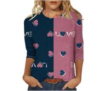Wyongtao T-Shirt Saint Valentin pour Femme Grandes Tailles Blouse Femme Chic Et Élégant Chemises Amour Romantique T-Shirt Manches 3/4 Col Rond Hauts De Sport Décontracté Et Ample Top Saint-Valentin