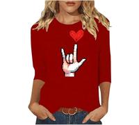 Wyongtao T-Shirt Saint Valentin pour Femme Grandes Tailles Chemises Amour Romantique T-Shirt Manches 3/4 Col Rond Blouse Femme Chic Et Élégant Hauts De Sport Décontracté Et Ample Top Saint-Valentin