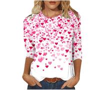 Wyongtao Tee Shirt Saint Valentin pour Femme Grandes Tailles Blouse Femme Chic Et Élégant Chemises Amour Romantique T-Shirt Manches 3/4 Col Rond Hauts De Sport Décontracté Et Ample Top Saint-Valentin