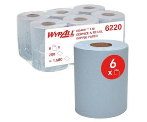 WypAll L10 Paper Cleaning Wipes for Service & Retail 6220-1 Ply Blue Centrefeed Roll - 6 Centrefeed Rolls x 280 Paper Wipes (Total 1680)