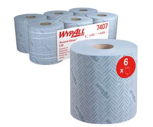 Wypall L10 Papier d'essuyage simple épaisseur 500 feuilles 185 mm - 7407 - Bleu - Lot de 6 bobines de 190 m