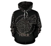 WYPAN Pull À Capuche Viking pour Hommes, Impression Numérique 3D sur la Mythologie Nordique Odin Loup Celtic Tattoo Totem Nouveauté Sweat Vintage avec Poche,Fenrir Zip,XL