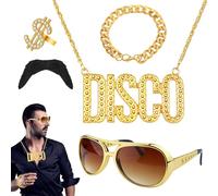 WYRGQIQN Kit complet de déguisement disco pour femme et homme - Ensemble d'accessoires disco des années 70 incluant lunettes, bijoux et faux moustache