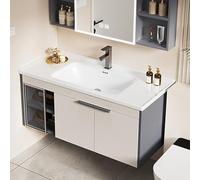 WYRNOBRX Ensemble De Meubles Salle Bain 4 Pièces Montage Mural Armoire De Rangement avec Trois Portes Meuble sous Vasque, Lavabo en Céramique Style Moderne Lave Main Gris,Blanc,L91*H43*W47