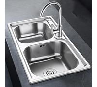 WYRNOBRX Évier Cuisine 2 Bac Petit Lavabo INOX avec Robinet Kit De Drainage Vasque À Encastrer Lavabo Lave Mains pour Salle De Bain Facile À Installer,Argent,L68*W38