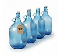 WYSKONT Lot de 4 bouteilles en verre bleu océan de 5 l avec bouchon à étrier et anse - Ballon en verre robuste à paroi épaisse pour conserver l'eau, les jus, le kombucha, le vin et les liqueurs