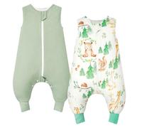 WYTbaby Gigoteuse a Pieds Tog 2 Pack Gigoteuse Bébé 100% Coton Gigoteuse sans Manches avec Jambes pour Garçons Filles Animaux de la forêt+Vert Clair 70cm (2 pièces)