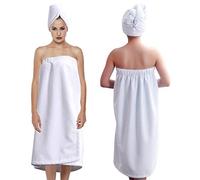 Wytino Serviettes de Bain, Robe de Bain éponge Ultra-absorbante, Ensemble Turban de séchage pour Cheveux à séchage Rapide avec Fermeture en Microfibre pour Dames(Blanc)