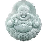 Wyvix Pendentif Bouddha rieur en jadéite de qualité A, collier Maitreya argent sculpté à la main, amulette richesse jade vert cireux for hommes et femmes