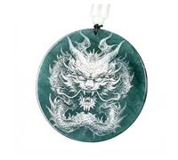 Wyvix Pendentif dragon en jadéite de qualité A, collier jade d'eau bleue sculpté, grande amulette ronde du zodiaque for hommes et femmes(B)