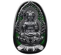 Wyvix Pendentif Ksitigarbha en jadéite à l'encre naturelle « Mo Cui », collier Bodhisattva jade noir, amulette verte cachée Di Zang Wang