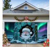 WYYHAA C, 16 x 7 ft/4,8 x 2,1 m, bannière de porte de garage de Noël, Père Noël amusant regardant à travers le trou mural - Grande décoration extérieure pour la maison, la fête et le jardin