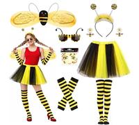 WZBBJuser Lot de 8 Déguisement Abeille Femme, Costume Abeille Adulte avec Jupe, Ailes, Serre-tête, Bas Rayés, Gants Sans Doigts, Autocollants Visage, Boucles d’Oreilles et Lunettes, Carnaval Cosplay