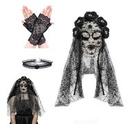 WZBBJuser Masque De Mort-Vivant d'Halloween, Masque Voile Rose Du Dia de los Muertos Correspondance Gants Du Jour Des Morts Collier, Accessoire Du Jour Des Morts Pour Déguisement De Carnaval (rouge)