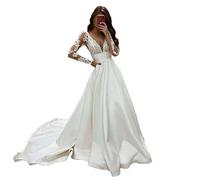 WZEFEIO Robe de Mariée Vintage, Appliques Dentelle Robe de Mariée à Manches Longues Robe de Mariée Sirène Demoiselle d'honneur, Blanc, 8