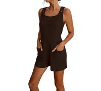 WZMYDBD Combishort Femme, Col Rond Bretelles Plissées Combishorts avec Poches Ample Fluide Casual Chic et Élégant Pantalon 3/4 Droit Léger Respirant Combishort Femme de Soirée Vacances pour Les Fête