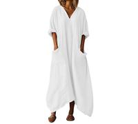 WZMYDBD Robe Coton et Lin pour Femme D'été Ample Manches 3/4 avec Poches Robes Décontractée à Col en V Robe Lin Boho Rétro Longue Robes Couleur Unie LâChe Respirant Maxi Dress pour Plage Vacances