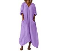 WZMYDBD Robe Coton et Lin pour Femme D'été Ample Manches 3/4 avec Poches Robes Décontractée à Col en V Robe Lin Boho Rétro Longue Robes Couleur Unie LâChe Respirant Maxi Dress pour Plage Vacances