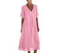 WZMYDBD Robe Ete Femme Lin Fluide Col en V Décontracté à Manches Courtes Robe de Plage Ample Dress Boheme Rétro Maxi Longue Cool Robes Coton Femme Ete Couleur Unie LâChe Respirant pour Vacances Plage