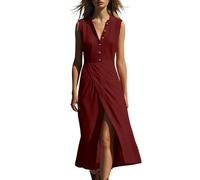 WZMYDBD Robe Longue Femme Coton et Lin Robe Femme Chic et Elegant D'été sans Manches Dress Légère Été Fluide Col V Bouton Robes de Plage Couleur Unie LâChe Respirant Robes Grand Taille Boho Dresses