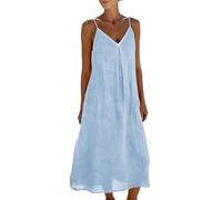 WZMYDBD Robe Longue Femme en Lin Coton D'été Dentelle sans Manche Bretelles Spaghetti Sexy Col en V Robes Boheme Chic Couleur Unie Robes Longues Femmes Été LâChe Respirante Robe de Plage Vacances