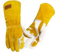 WZQH Gant Cuir De Soudure Homme Femme,Paumes Des Mains Renforcée & Pouces & Index,Gants De Travail Pour Jardinage, Barbecue, Grill, Four, Cheminée, Cuisine,Electricien,14 Pouces,Jaune et Blanc,XL
