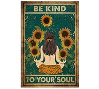 WZVZGZ Plaque en métal amusante - Décoration murale vintage « Yoga Be Kind to Your Soul » - Affiche de tournesol - Plaque en aluminium pour maison, café, salle à manger - 14 x 20 cm