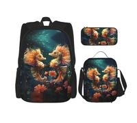 WZYCWB Beau sac d'école avec motif hippocampe + trousse + sac à déjeuner pour tous les jours
