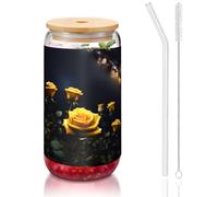 WZYCWB Belles roses jaunes de 473,6 g avec couvercle en bambou et paille - Tasses à café glacé mignonnes - Tasses à thé glacé - Tasses à bière idéales pour le café, les accessoires de bar, les cadeaux