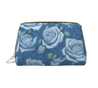 WZYCWB Belles roses sur fond bleu, trousse de maquillage en cuir avec poches, trousse de maquillage de voyage portable, sac de rangement cosmétique de grande capacité,