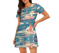 WZYCWB Big Ship and Moon Chemise de nuit à manches courtes pour femme Coupe ample Convient pour dormir et se détendre, Noir , 3XL