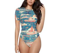 WZYCWB Body une pièce pour femme à manches courtes, col rond, fermeture à bouton-pression, mélange de polyester, imprimé bateau bleu marine et lune, Noir , S-3XL